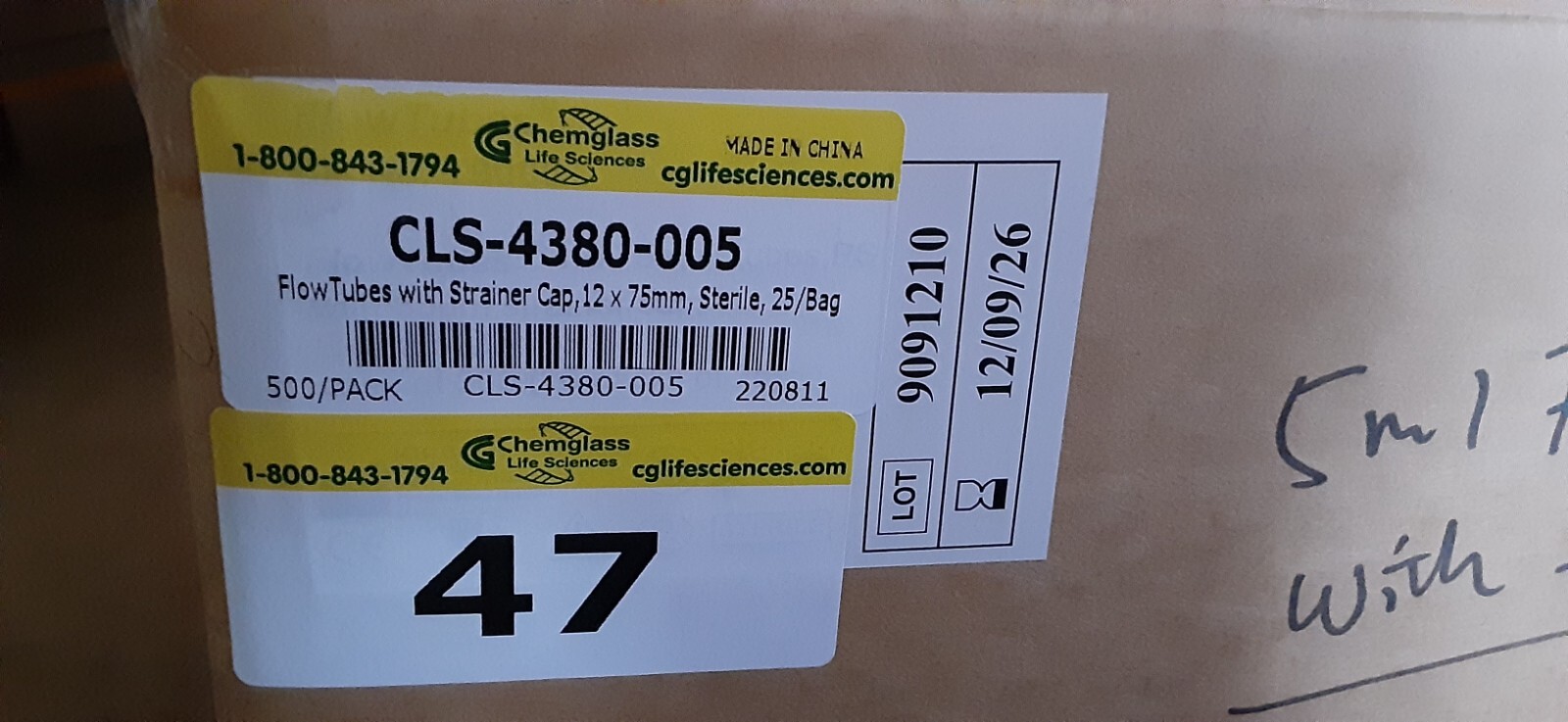 ChemGlass 5mL Flow tubes /stainer Cap /12x75mm/ (100 sealed)CLS-4380-005 EXP 26