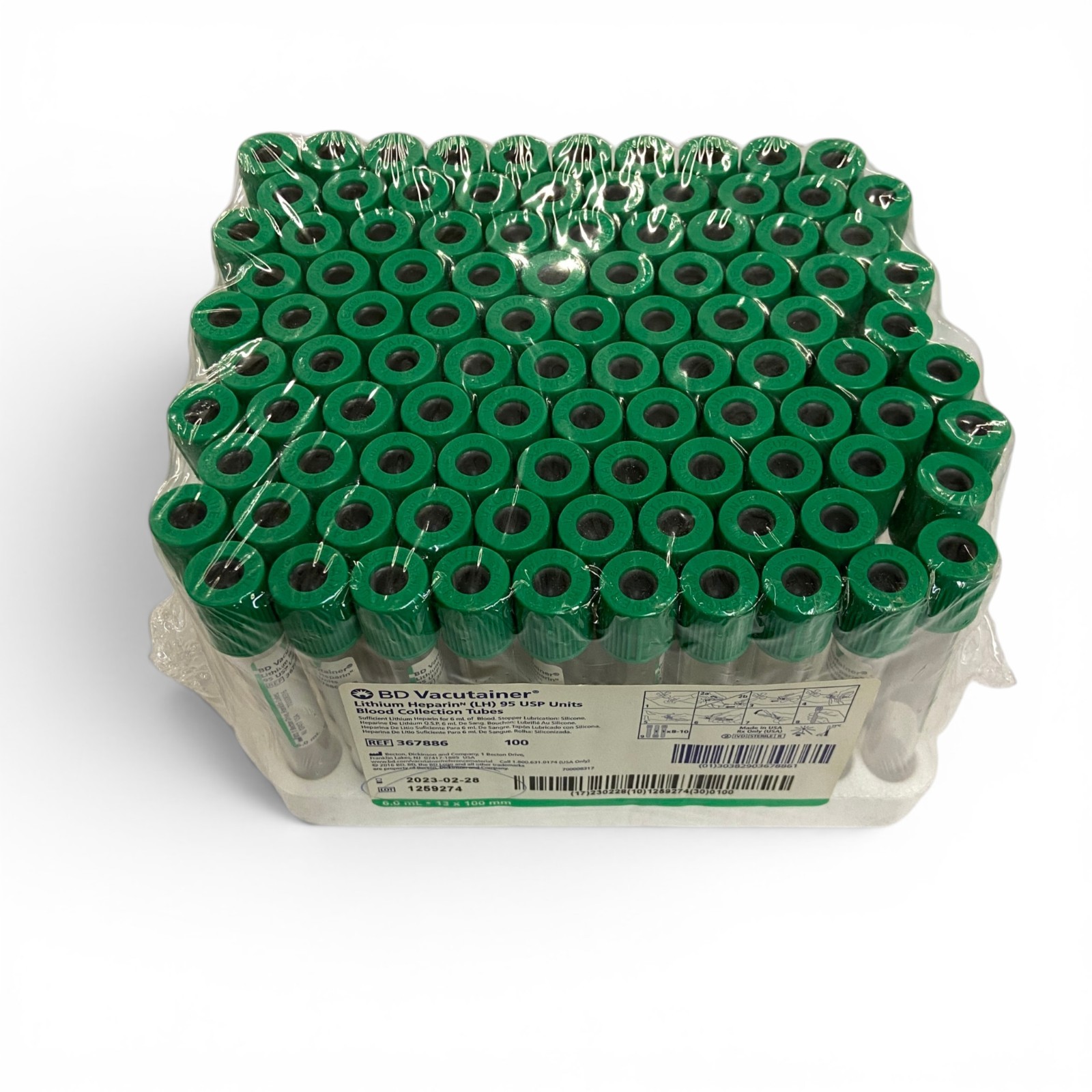 BD 6mL Test Tubes Green Cap 13x100mm, Box of 100