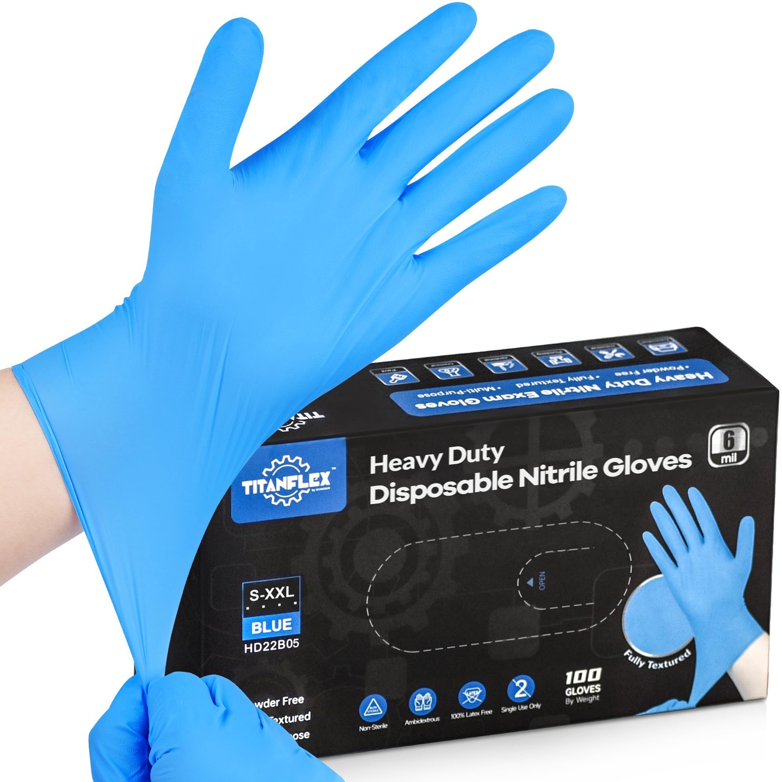 TitanFlex Blue Nitrile Gloves, Large, 100~Count, 6~mil, Powder~Free