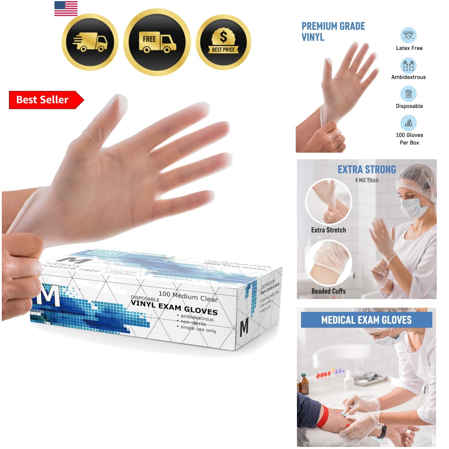 Medium Clear Vinyl Medical Exam Gloves – Pack of 100