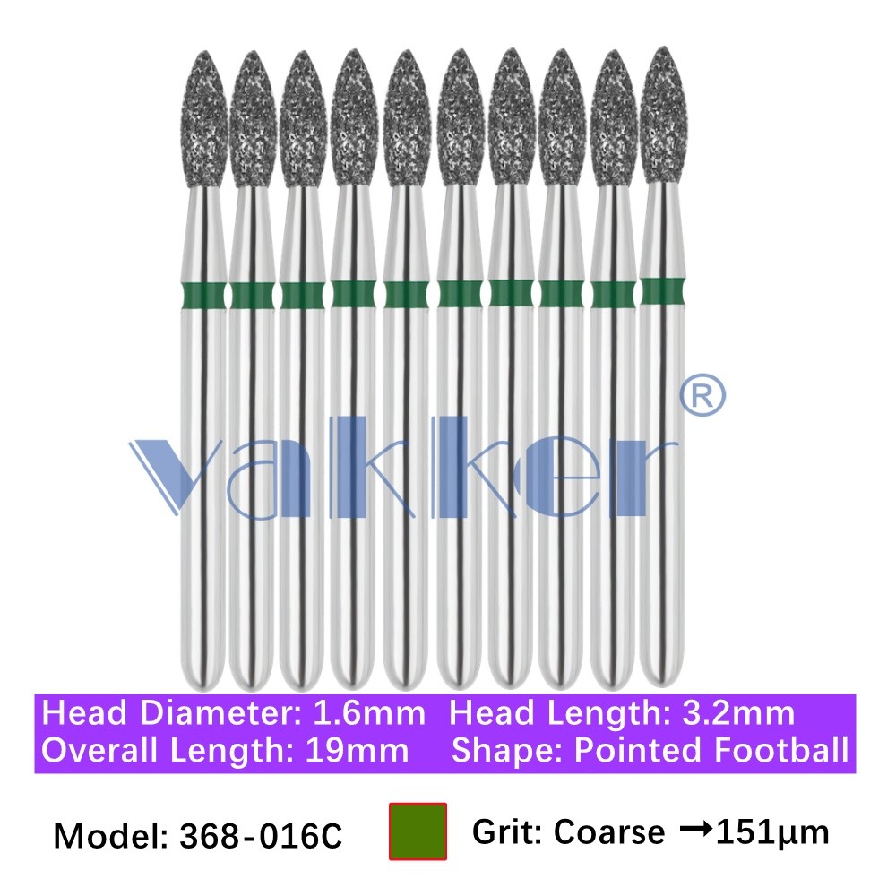 Vakker 10PC Dental 368-016C FG Diamond Burs Coarse Grit Pointed Football Bur