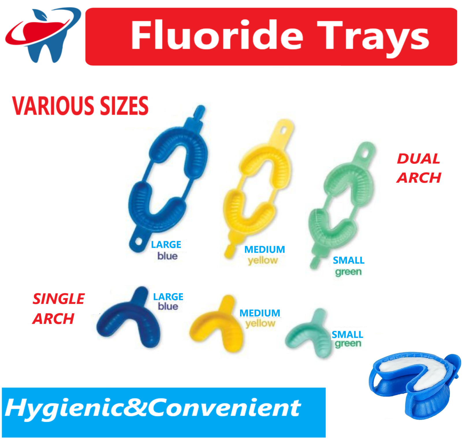 Dental APF Fluoride Gel 17 Fluoride Trays Dual Arch, Single Arch S, M, L – USA