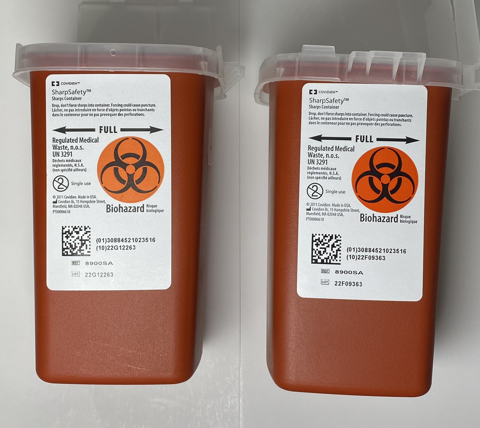 2 Lot -Sharps Needles Container W/Lid 8900SA,1 Qt Size 6.25”x4.25” Red/Clear Lid