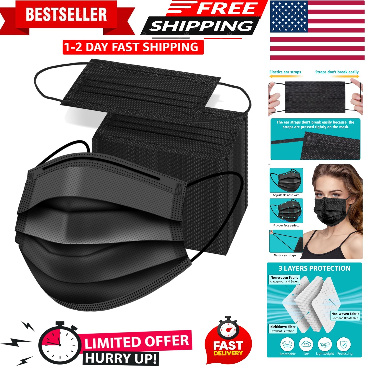Pack of 50 Black Masks – 3 Layers of Protection, Perfect for Adults & Students