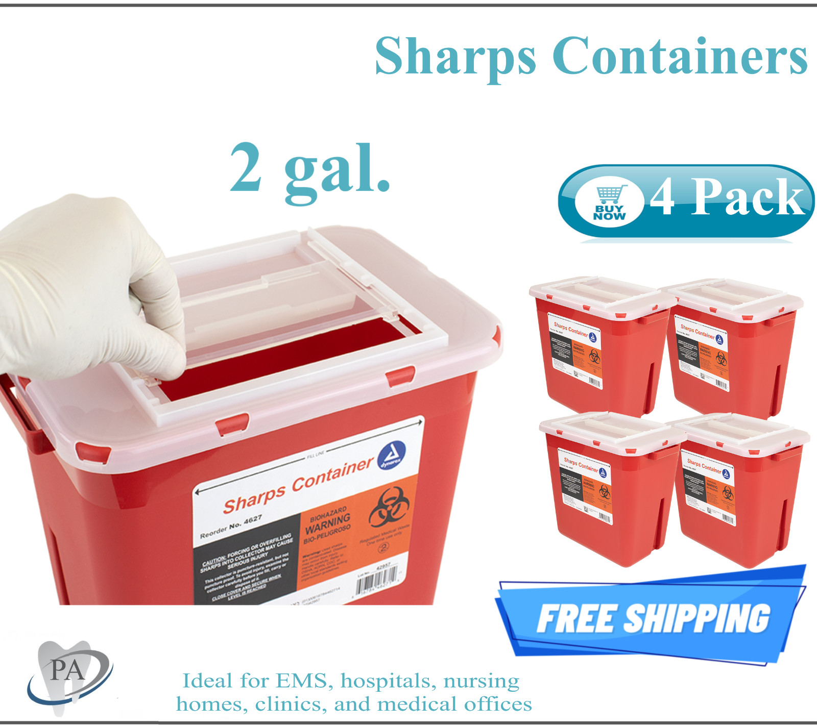 Sharps Container 2 gal. Biohazard Needle and Syringe Disposal with Lock Lid 4/Pk