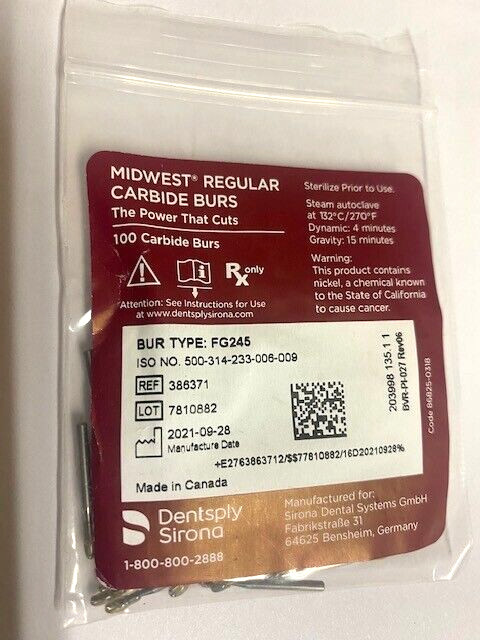 Midwest Dentsply Sirona Carbide Burs FG 245 , Friction Grip (100 burs) 386371