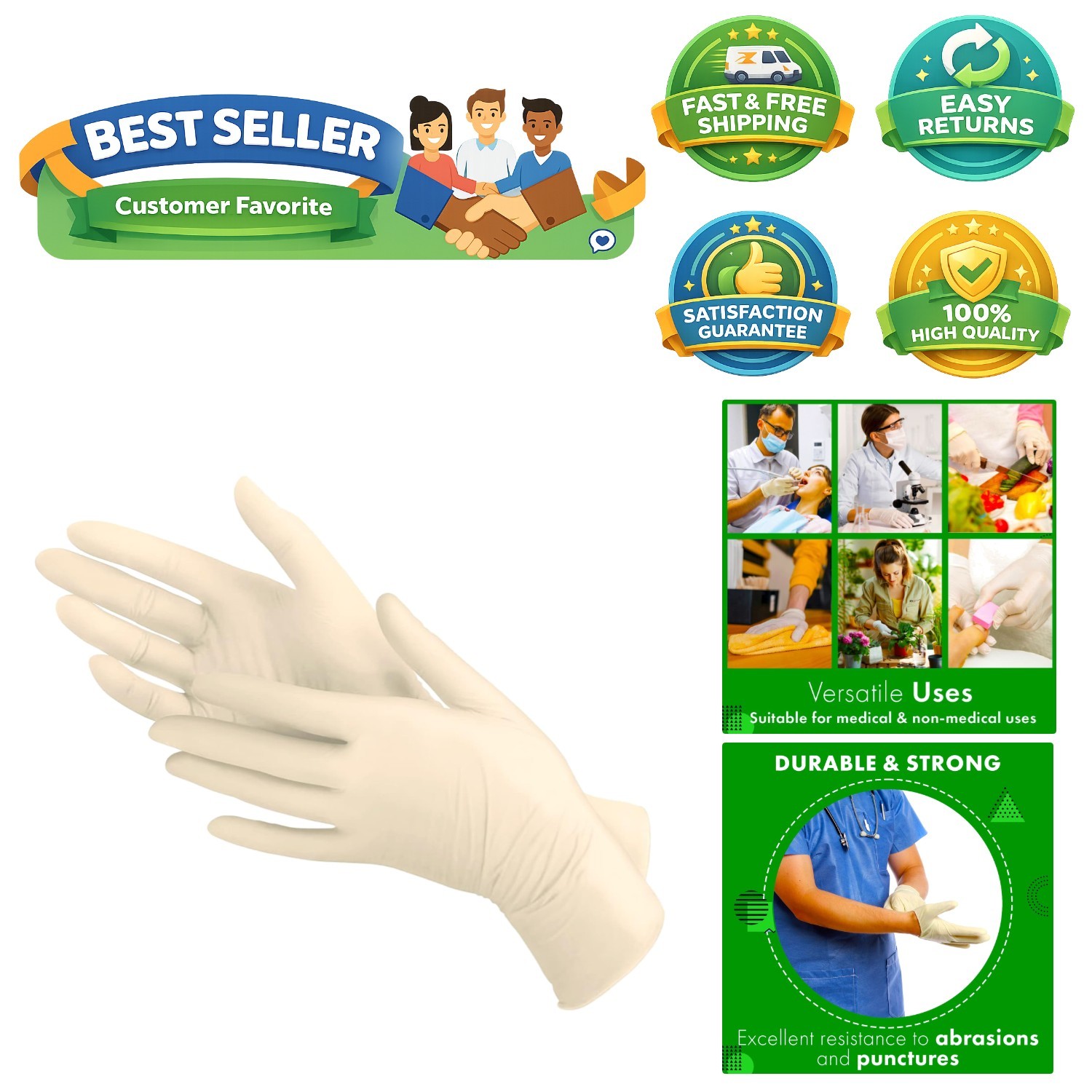 Powder-Free Disposable Latex Gloves Size Large for Hygiene & Cleaning, 100 Count