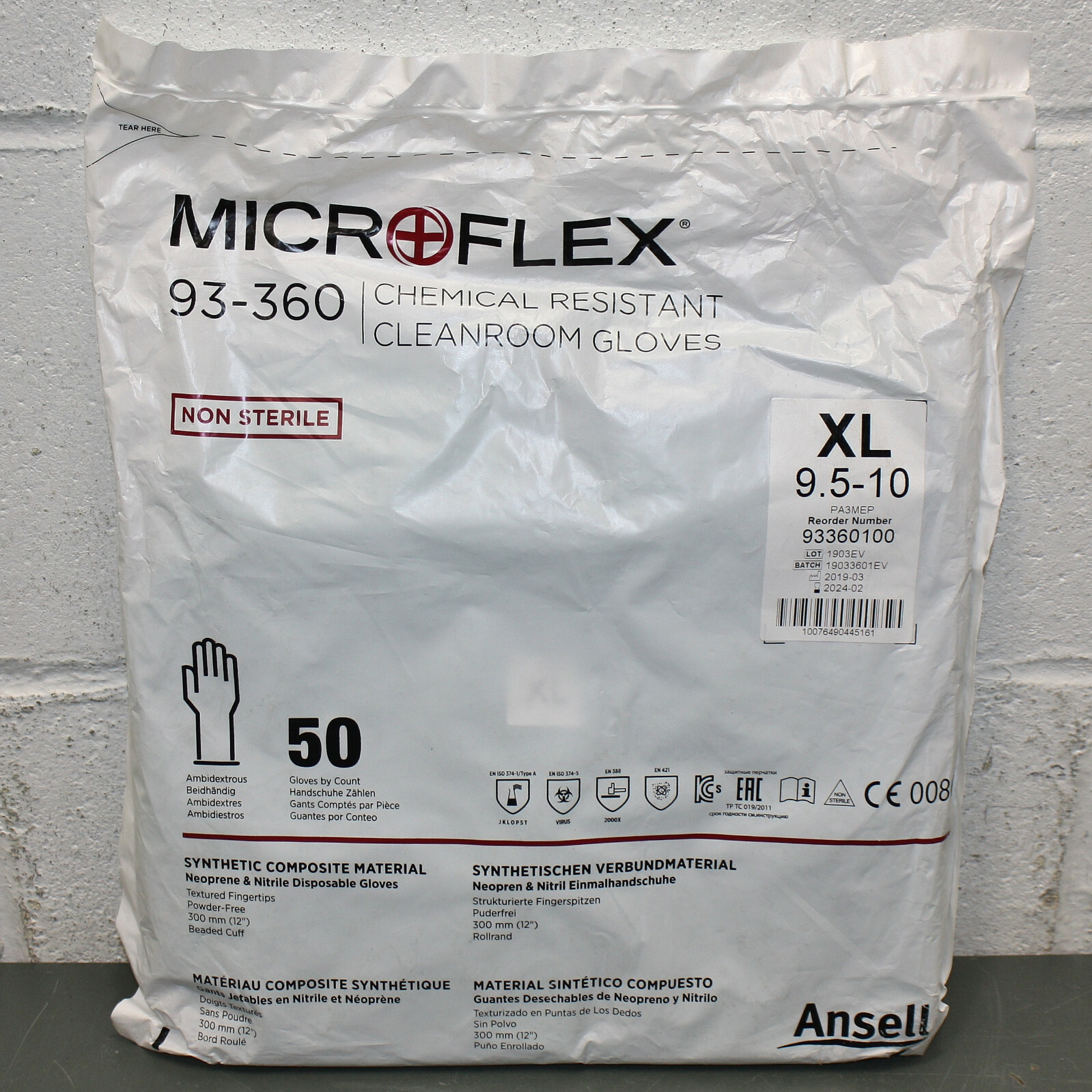 (450) Microflex Chemical Resistant Cleanroom Gloves 93-360, Nitrile, XL, 11-3/4″