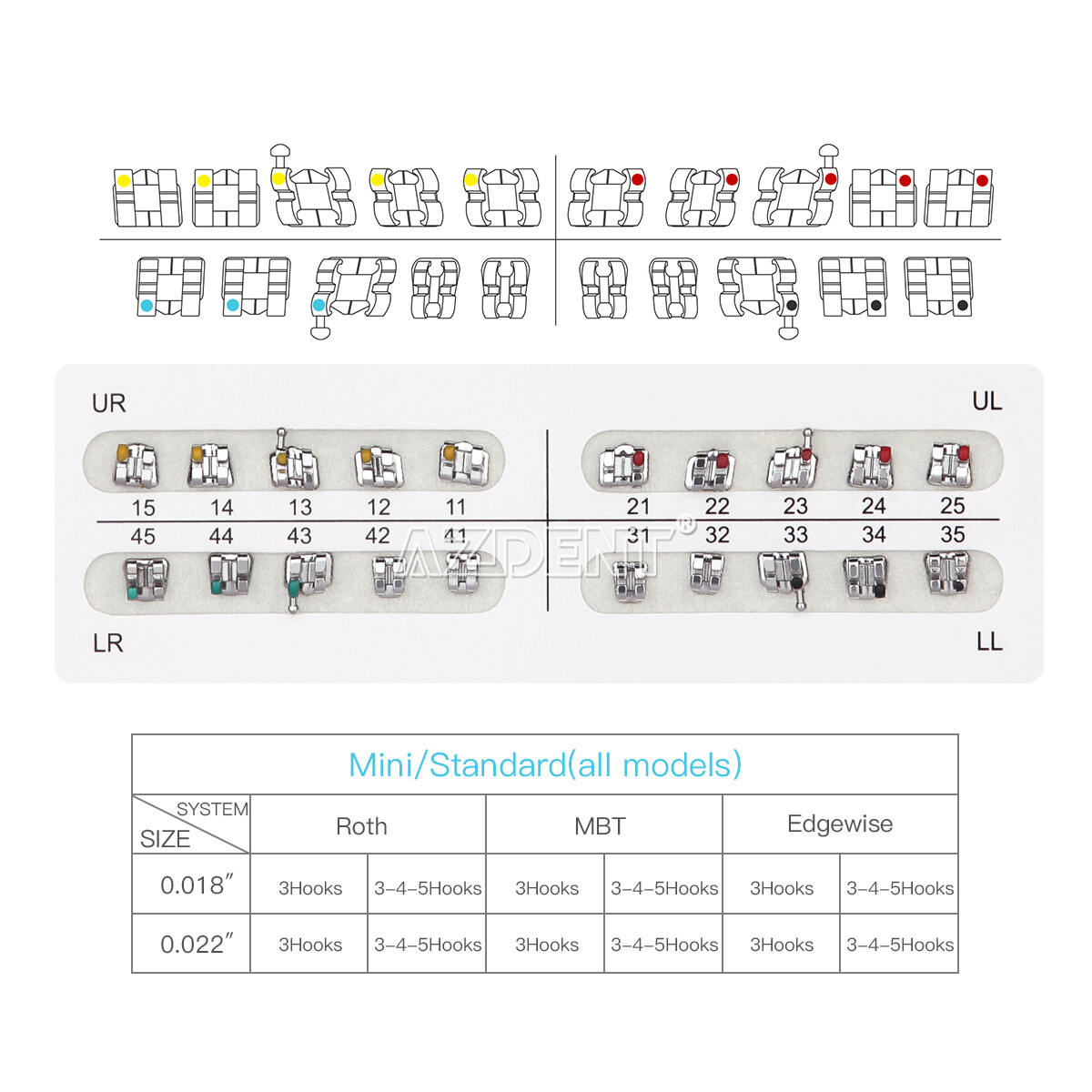 AZDENT Orthodontic Dental Brackets Braces Mini Roth Slot.022 Hooks 3 Metal