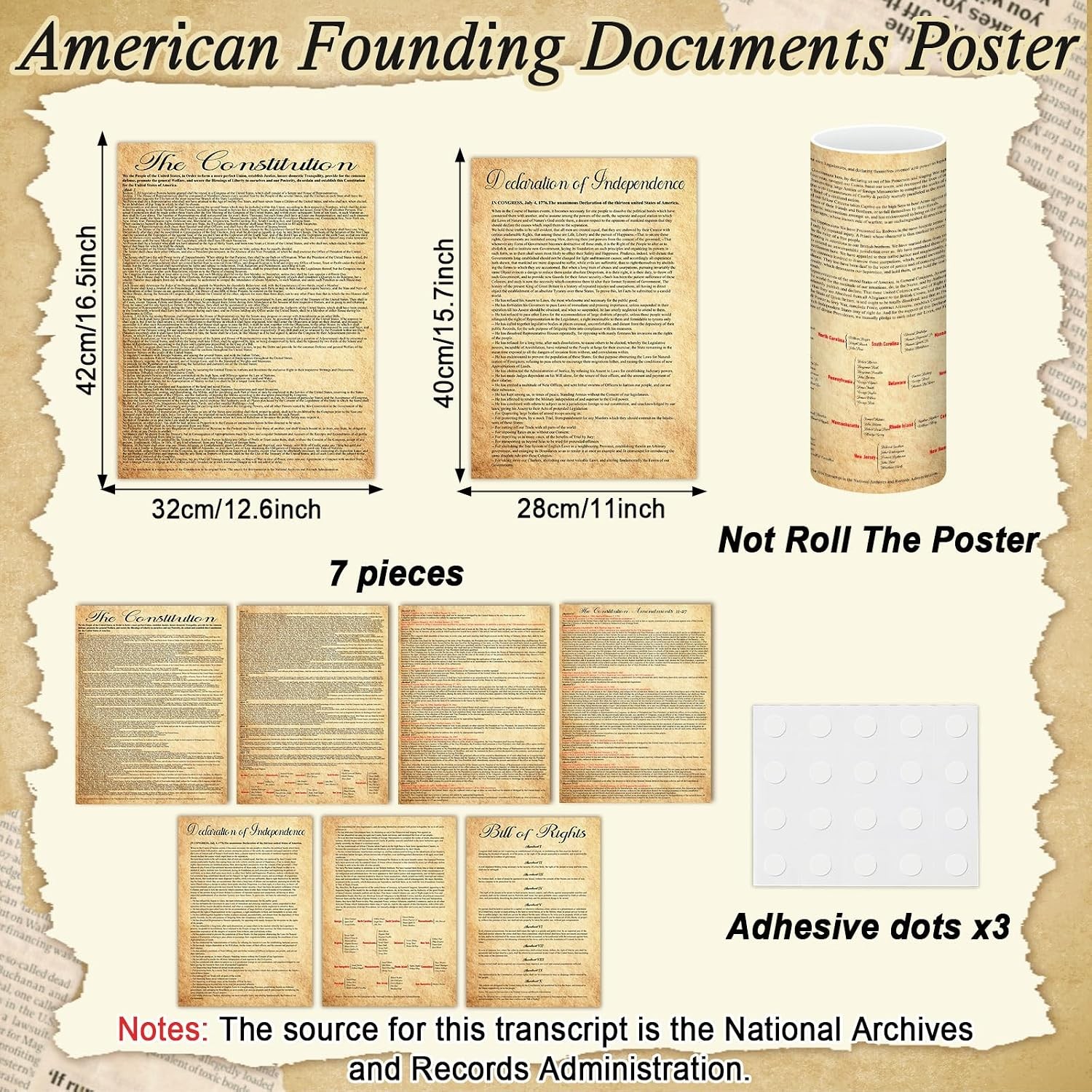 US Constitution Poster with All Amendments and Founding Documents Print