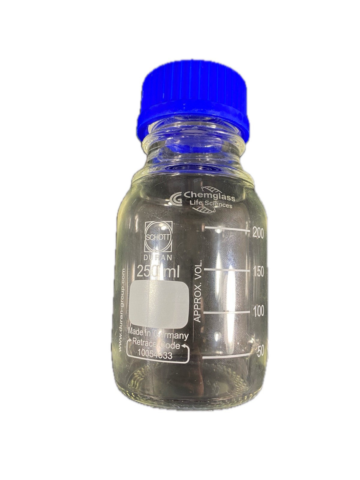 CHEMGLASS DURAN 250mL Transfer Bottle 1/4″ Hose Barb GL-45 Cap CLS-1423-250 B