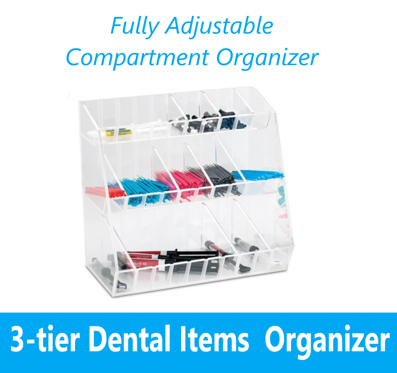 Dental Fully Adjustable Compartment Organizer, 3 Level Acrylic Sturdy Holder