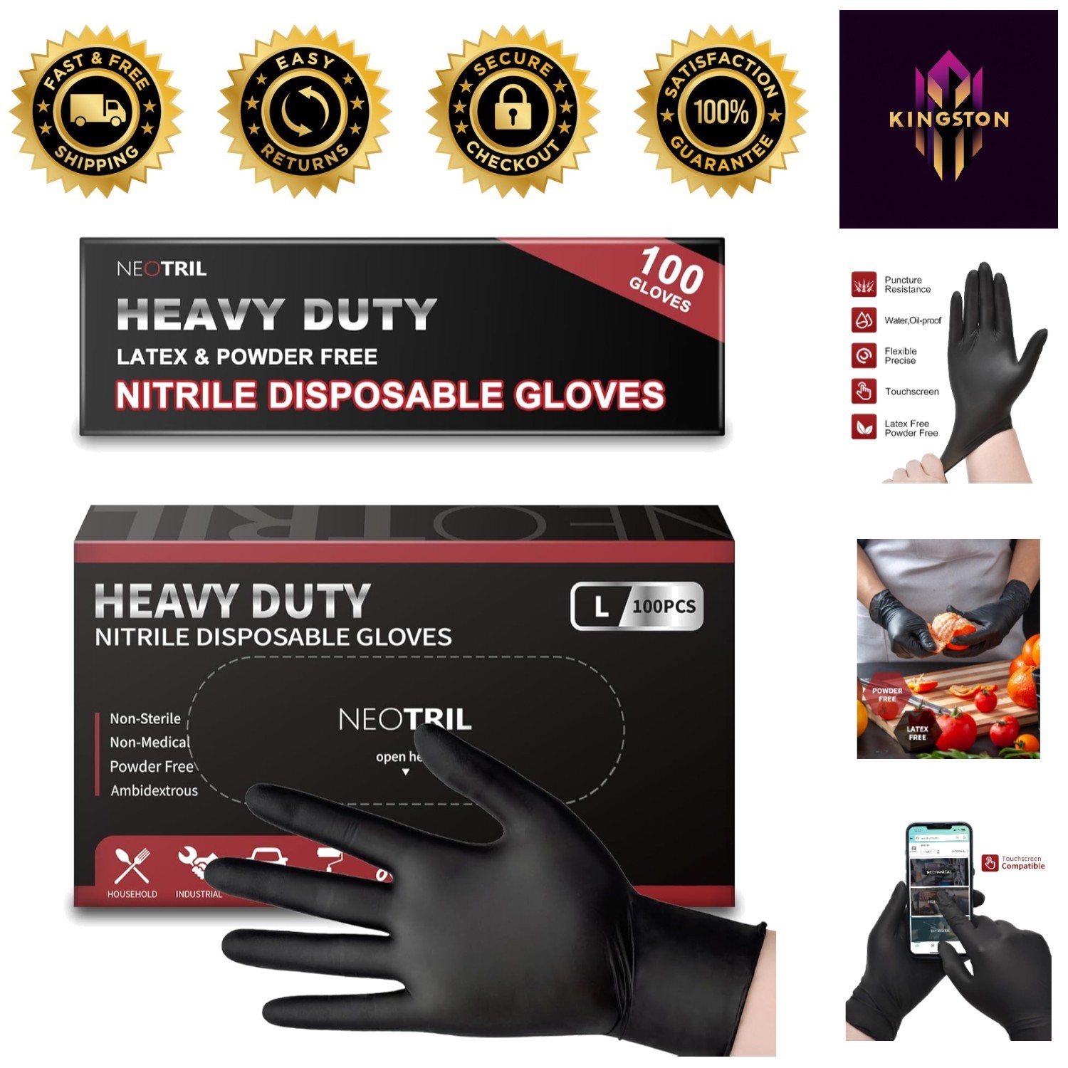 Heavy Duty Disposable Nitrile Gloves – 6 Mil, Textured Grip, Black, Bulk Box