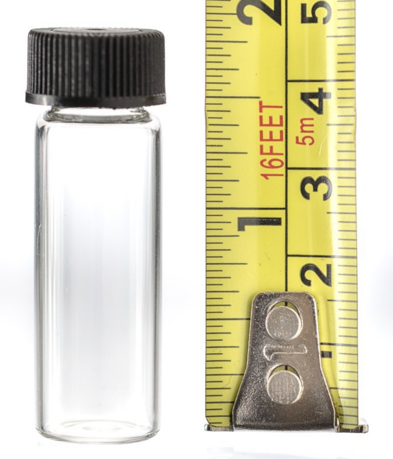 6 each Glass – 5 ml Leak-Proof Clear Vials Black Caps 1 3/4″ x 9/16 Gold Oils