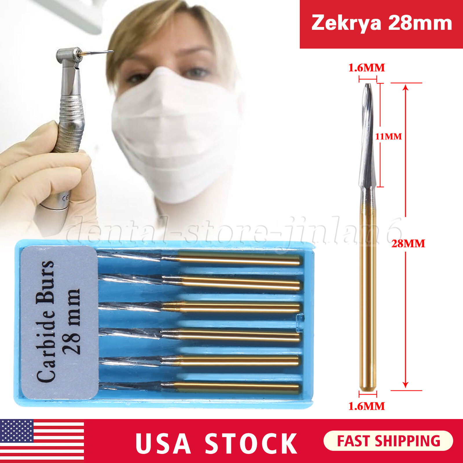 6 PCS Zekrya 28mm Long Dental Carbide Burs Surgical Drills FG Shank Dia. 1.6mm