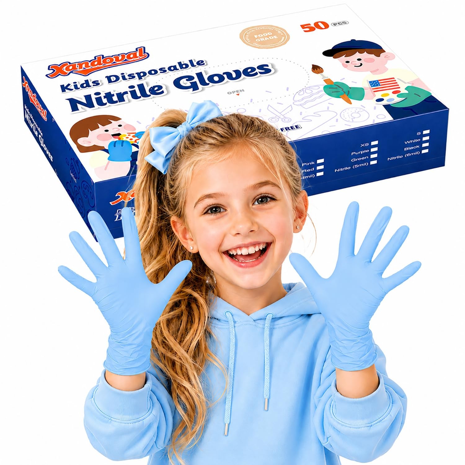 Xandoval Kids Disposable Gloves for 3-8 Years, 5Mil X-Small, Blue of 50pcs