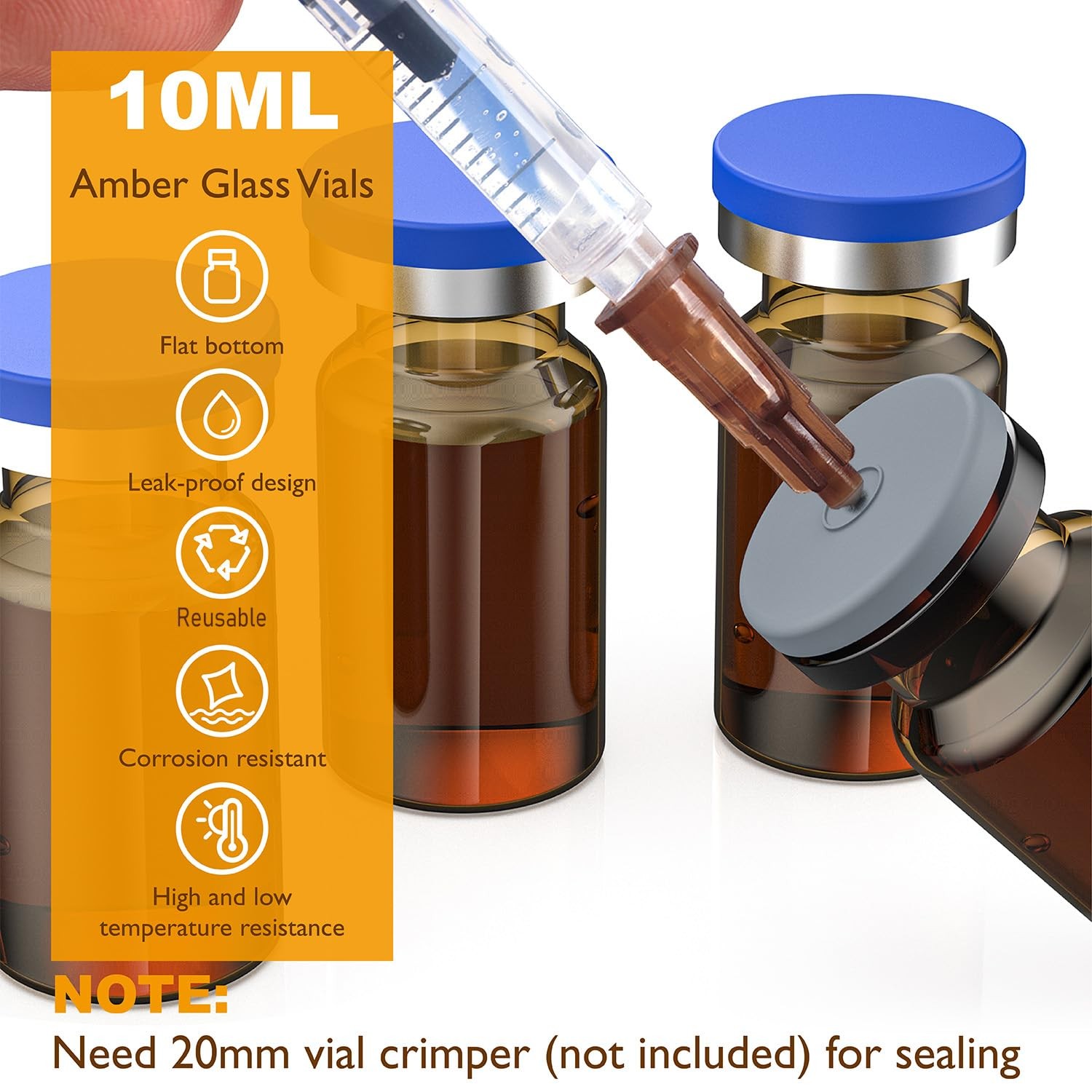 100Pcs 10ml Glass Vials Amber Sample Headspace Vials w/ Caps Plastic Aluminum
