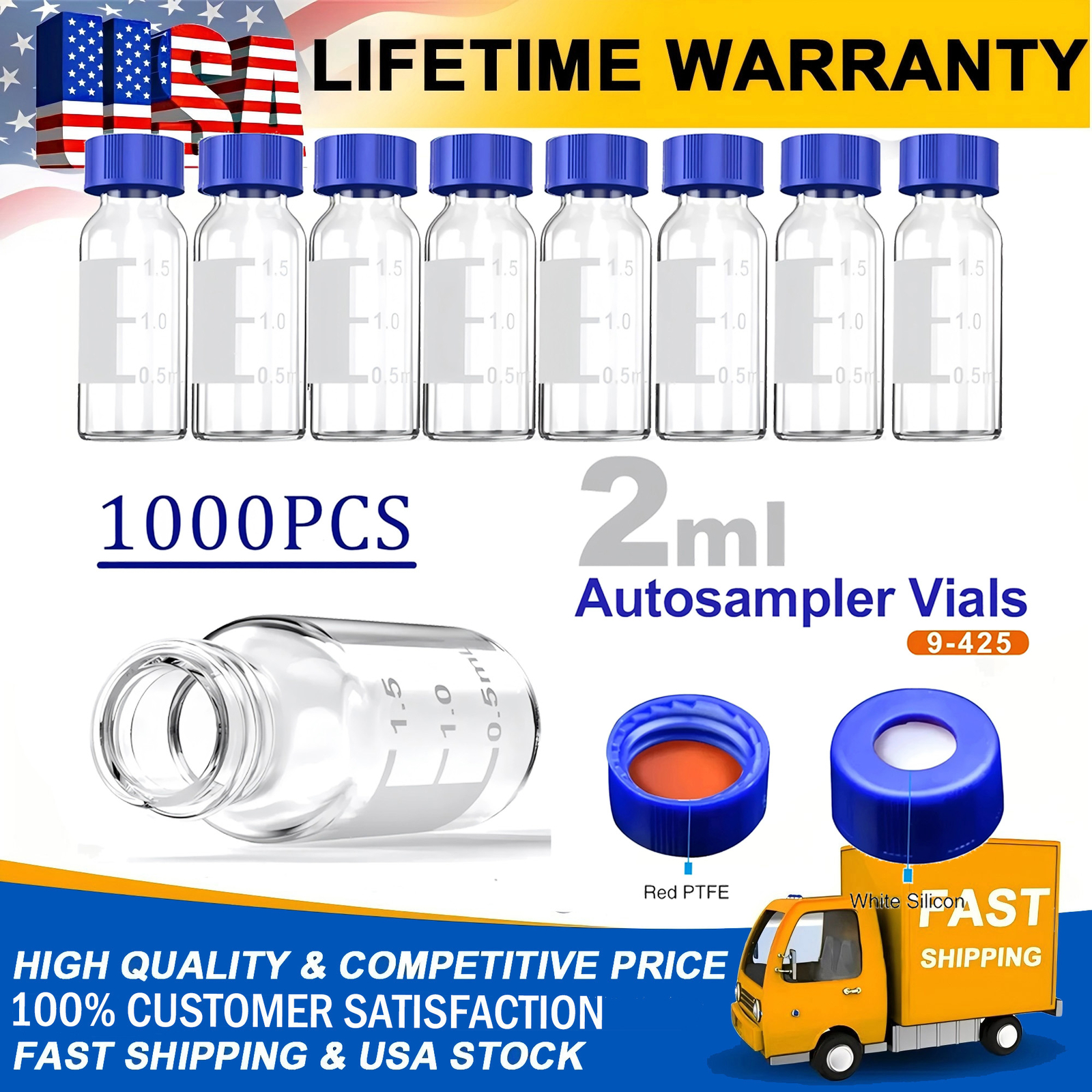 US 1000x 2mL Autosampler Vials HPLC Vial 9-425 Clear Bottles with Blue Screw Cap