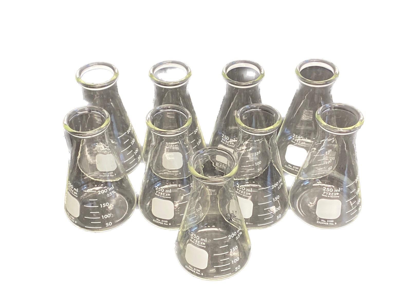 (9) PYREX Glass 250mL Graduated Wide Mouth Erlenmeyer Flasks 5100-250