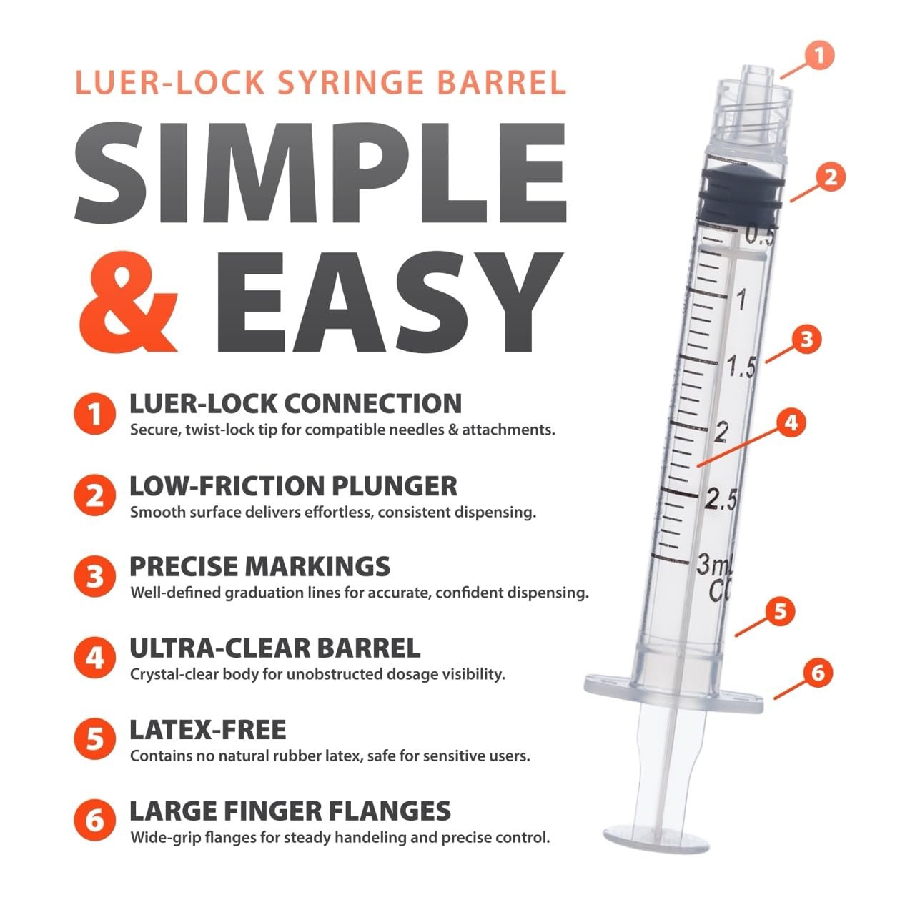 Easy Touch Luer-Lock Syringe Barrel, 3ML Syringe, Pack of 100 3 cc/ml, Orange