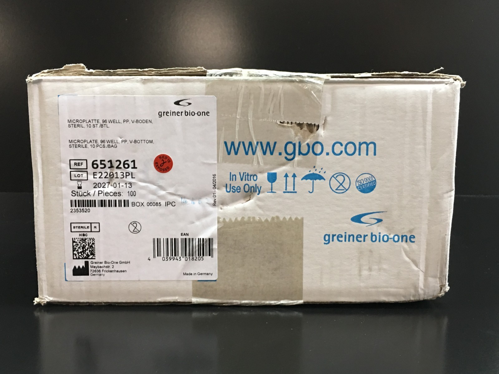 Greiner bio-one REF 651261 Microplate 96 Well V-BOTTOM Case of 100