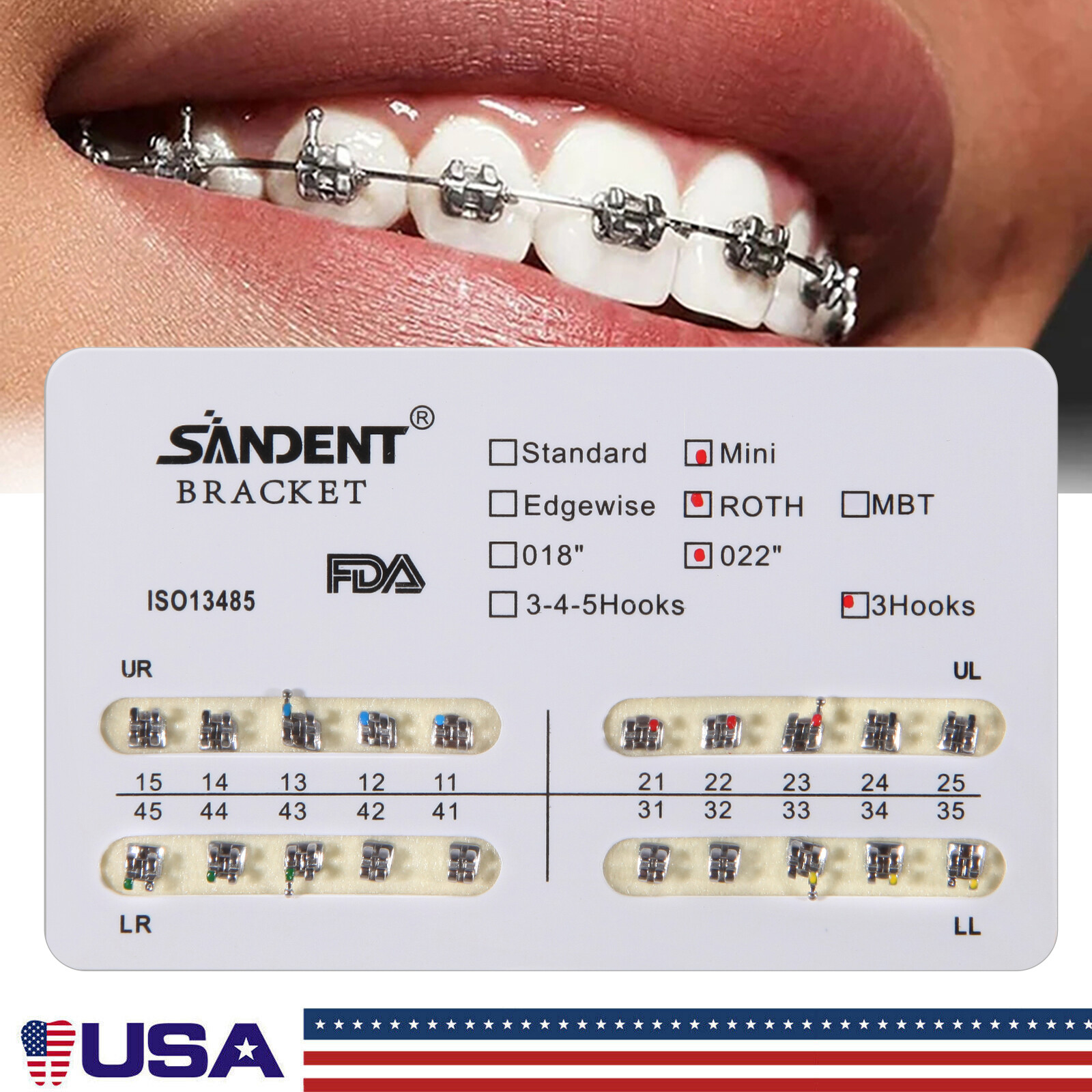 200Pcs Dental Ortho Brackets Braces Mini Roth Slot.022 3-Hooks Metal #3