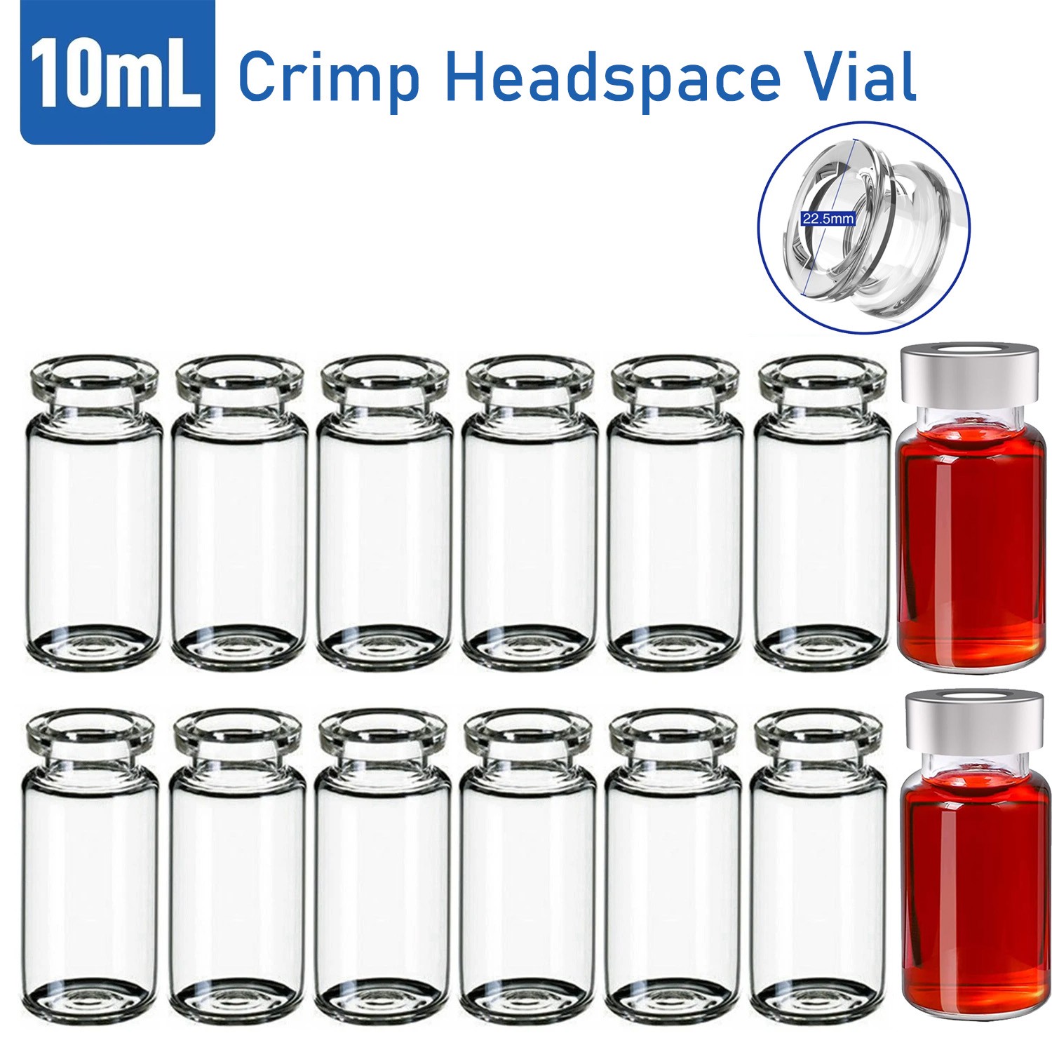 10ml 20mm Clear Vials+Caps Crimp Top Glass Bottles HPLC Beveled Edge Top(100pcs)