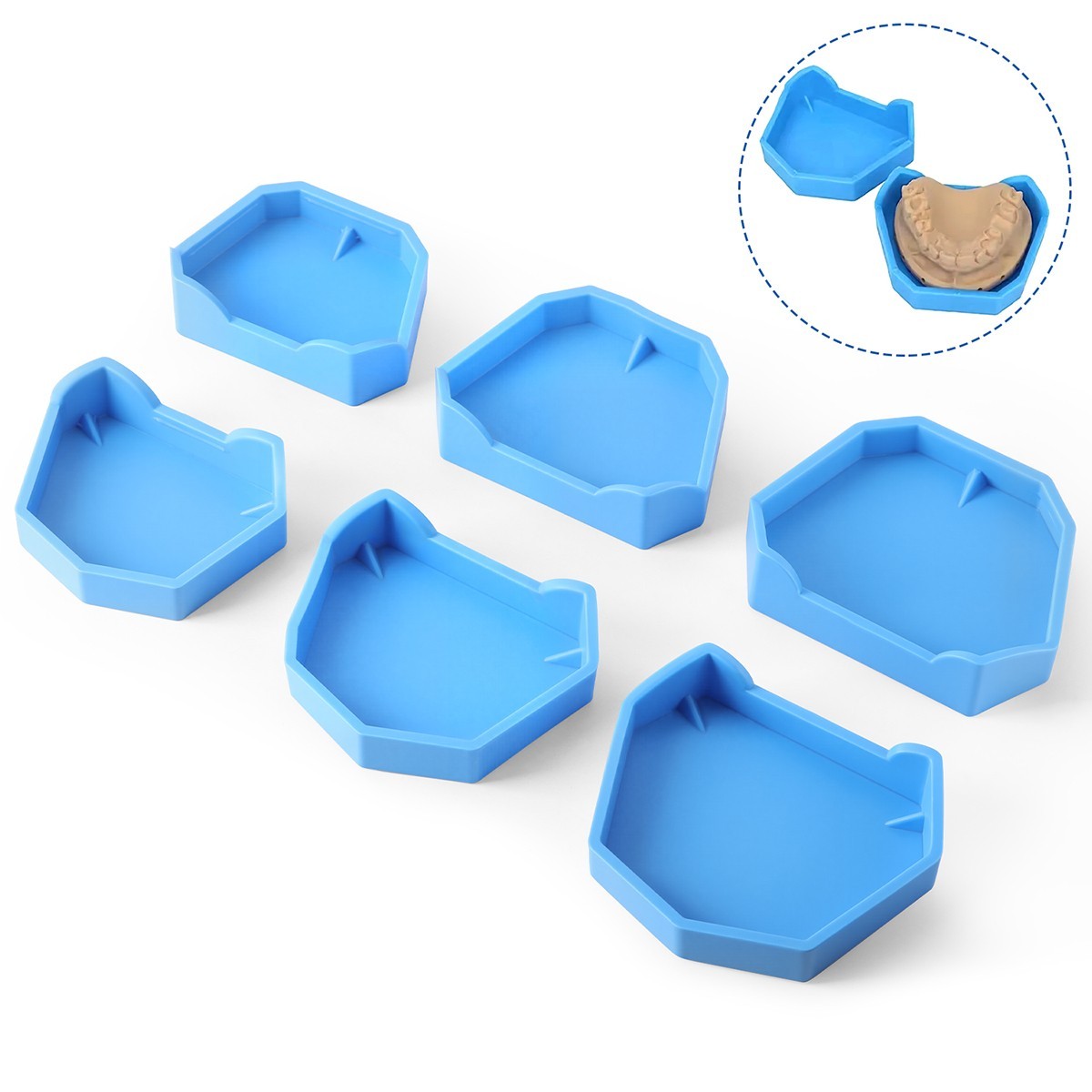 6Pcs Dental Model Former Base Molds Blue Silicone Rubber Notches Plaster Types
