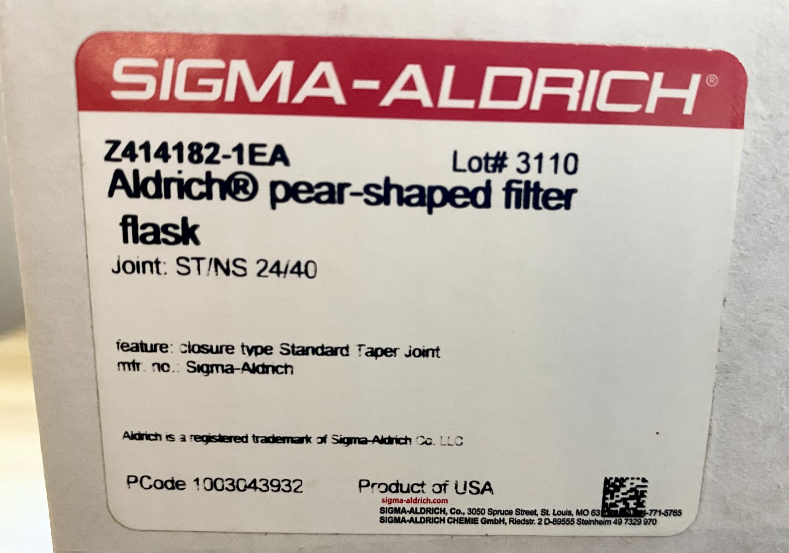 Sigma-Aldrich Pear-Shaped Filter Flask Joint:ST/NS 24/40, Side-Arm Z414182-1EA