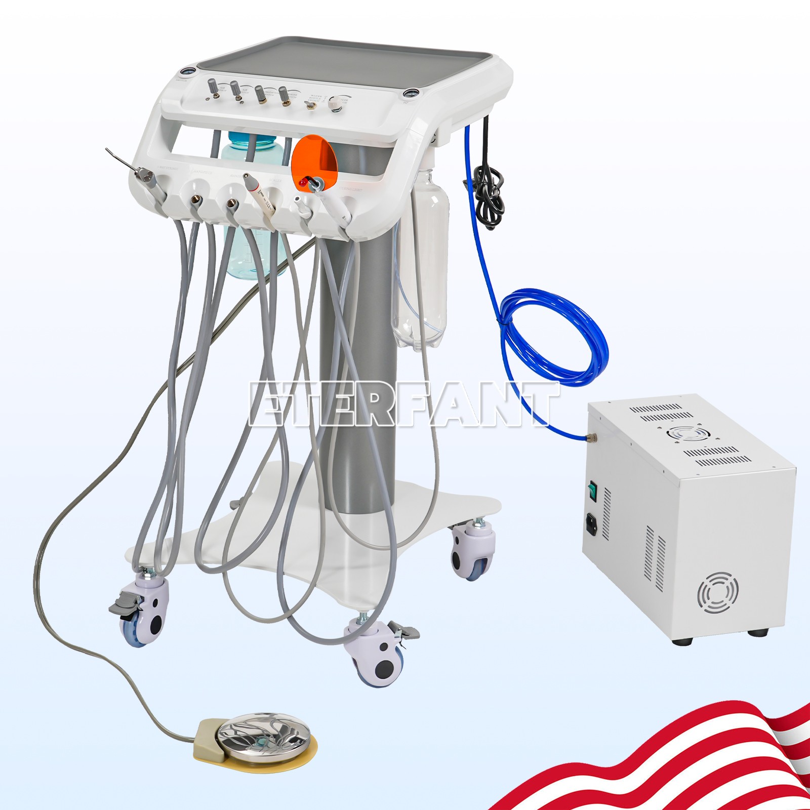 Dental Portable Mobile Cart Delivery Unit System 4Holes with Air Compressor US