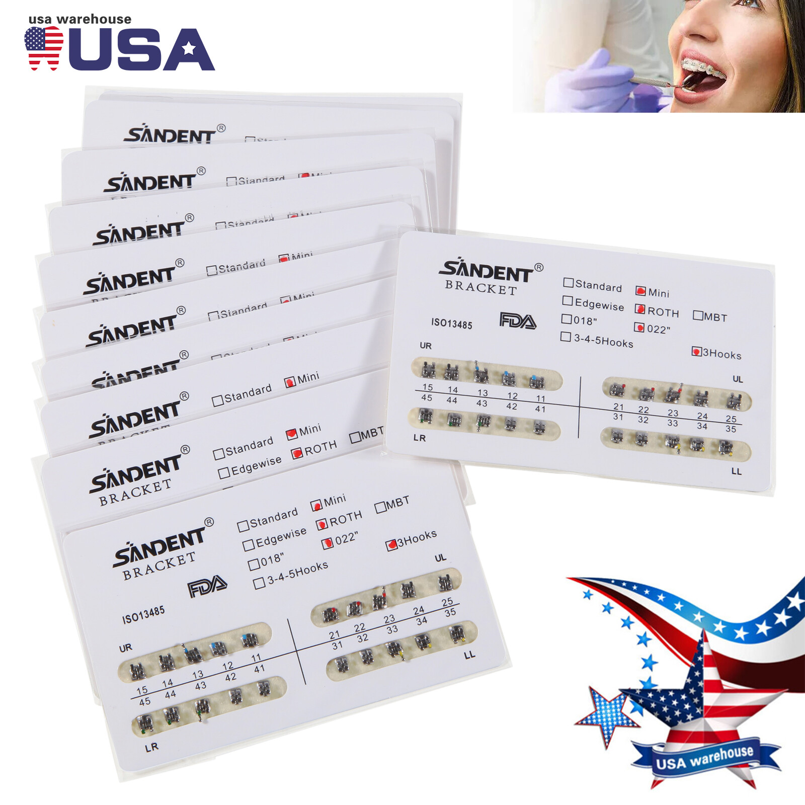 10 bags Dental Orthodontic Braces Bracket Mini Roth 022″Slot w/ 3hooks 200PCS ns