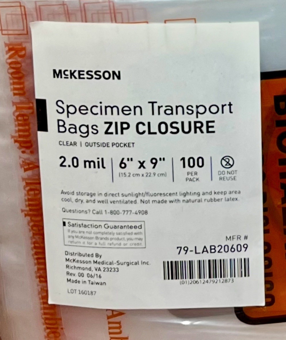 McKesson Clear Biohazard Specimen Transport Lab Ziplock Bags 6″x9″ 200 bags 2MIL