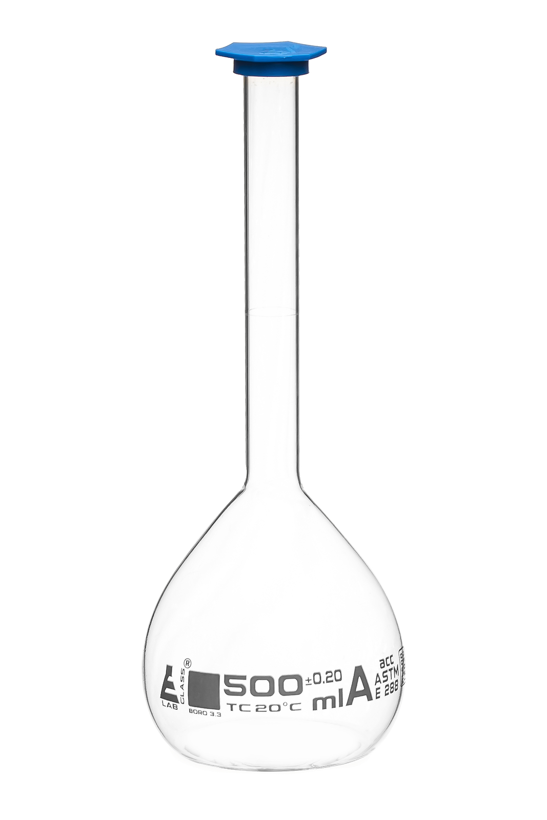 Eisco Labs 500ml Volumetric Flask with Stopper, Class A, ASTM – White Graduation