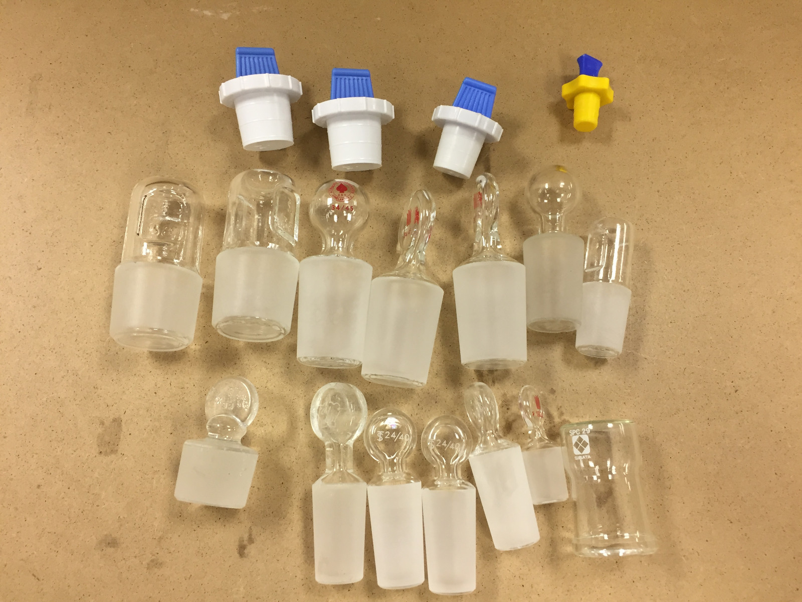 Assorted Lab Glass and PTFE Stoppers and Cap Lot of 18
