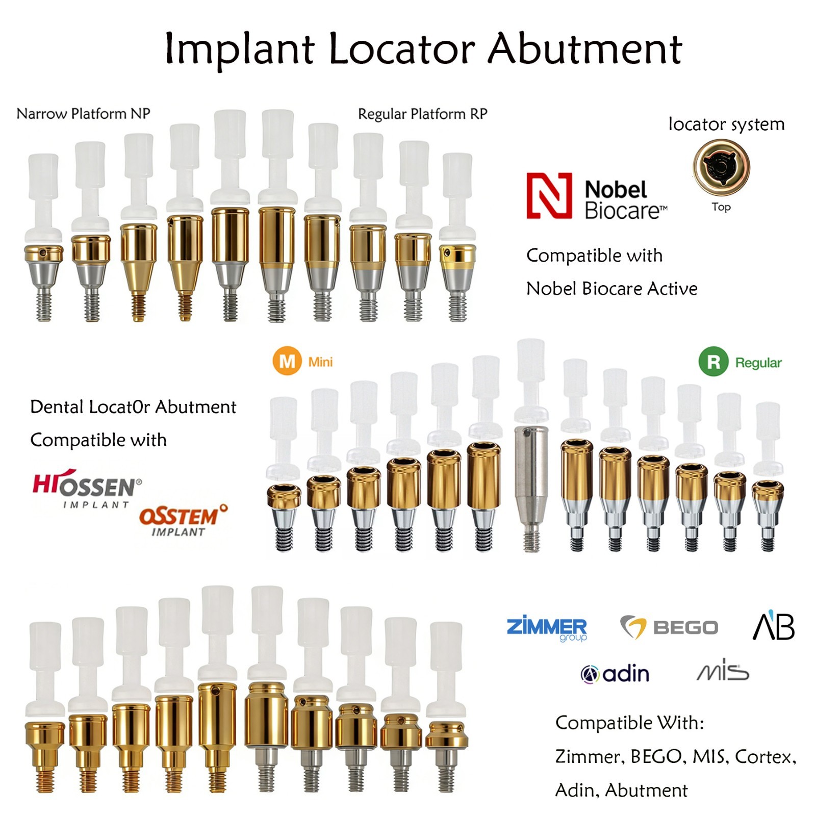 Dental Locator Attachment Abutment & Male Caps for Hiossen/Nobel/Zimmer/Bego/Mis