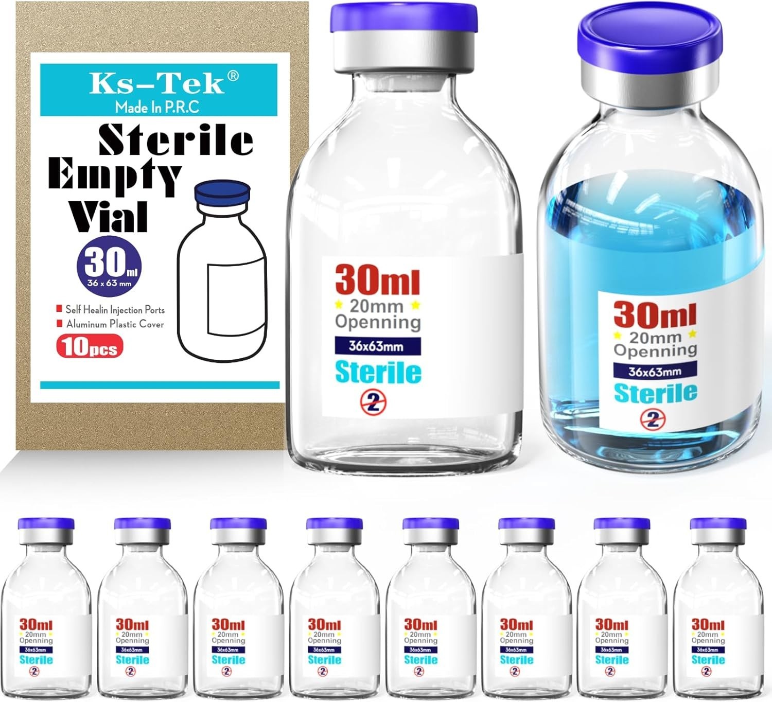 Sterile Glass Vials with Aluminum Cap 30ml Laboratory Use 10 Pack