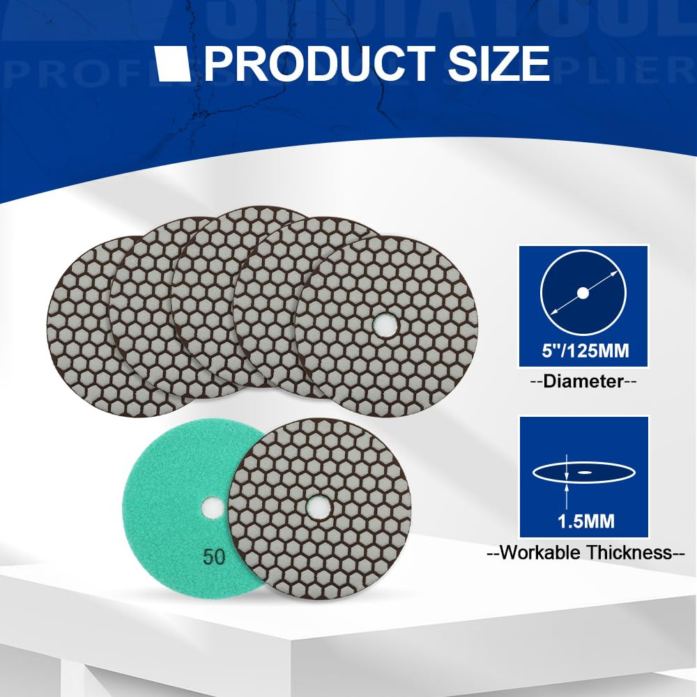 5″ Dry Diamond Polishing Pads Grit 50 for Granite & Marble (7-Pack)