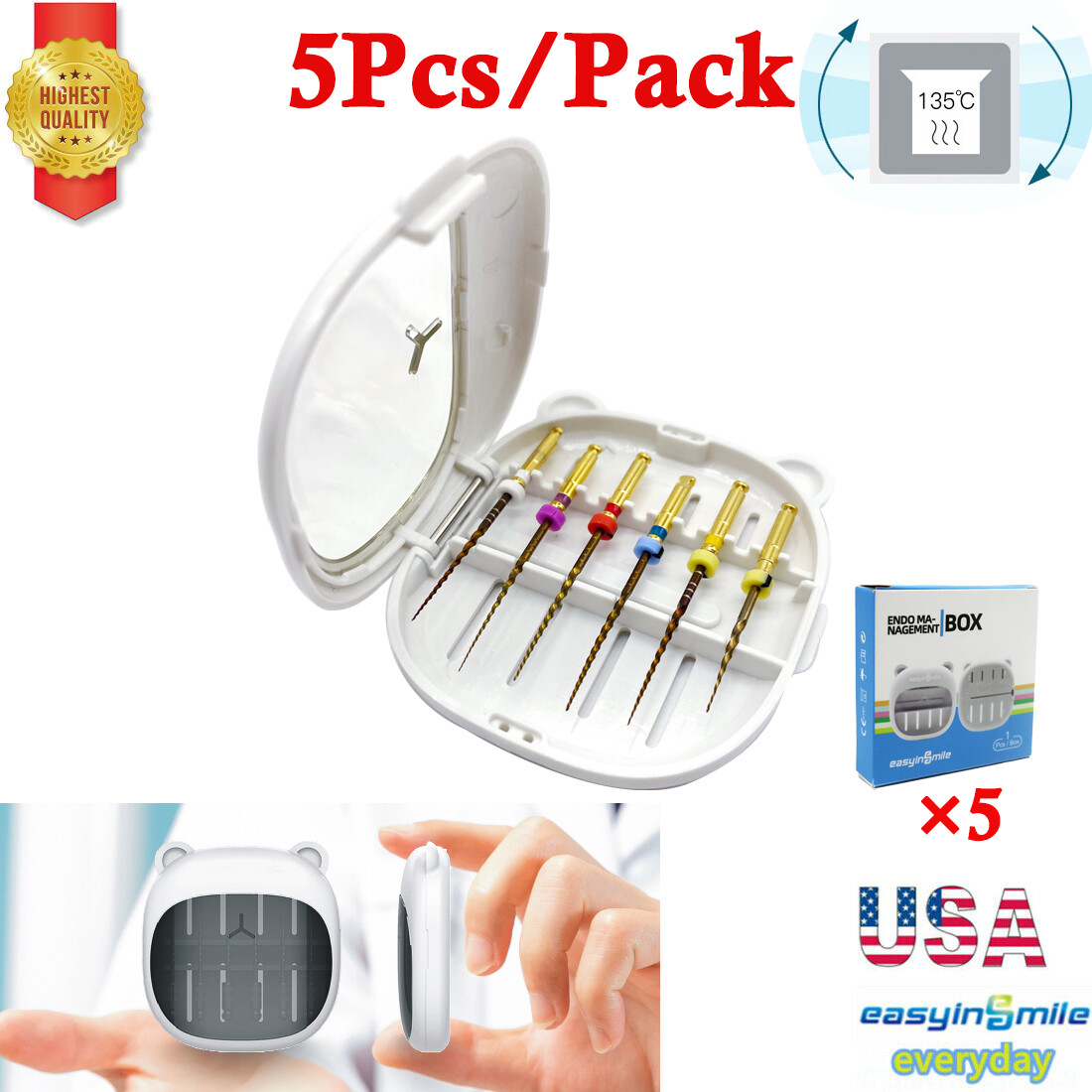USA Dental Root Canal Files Organizer Sterilization Box Stand Ruler Holder 5Pcs