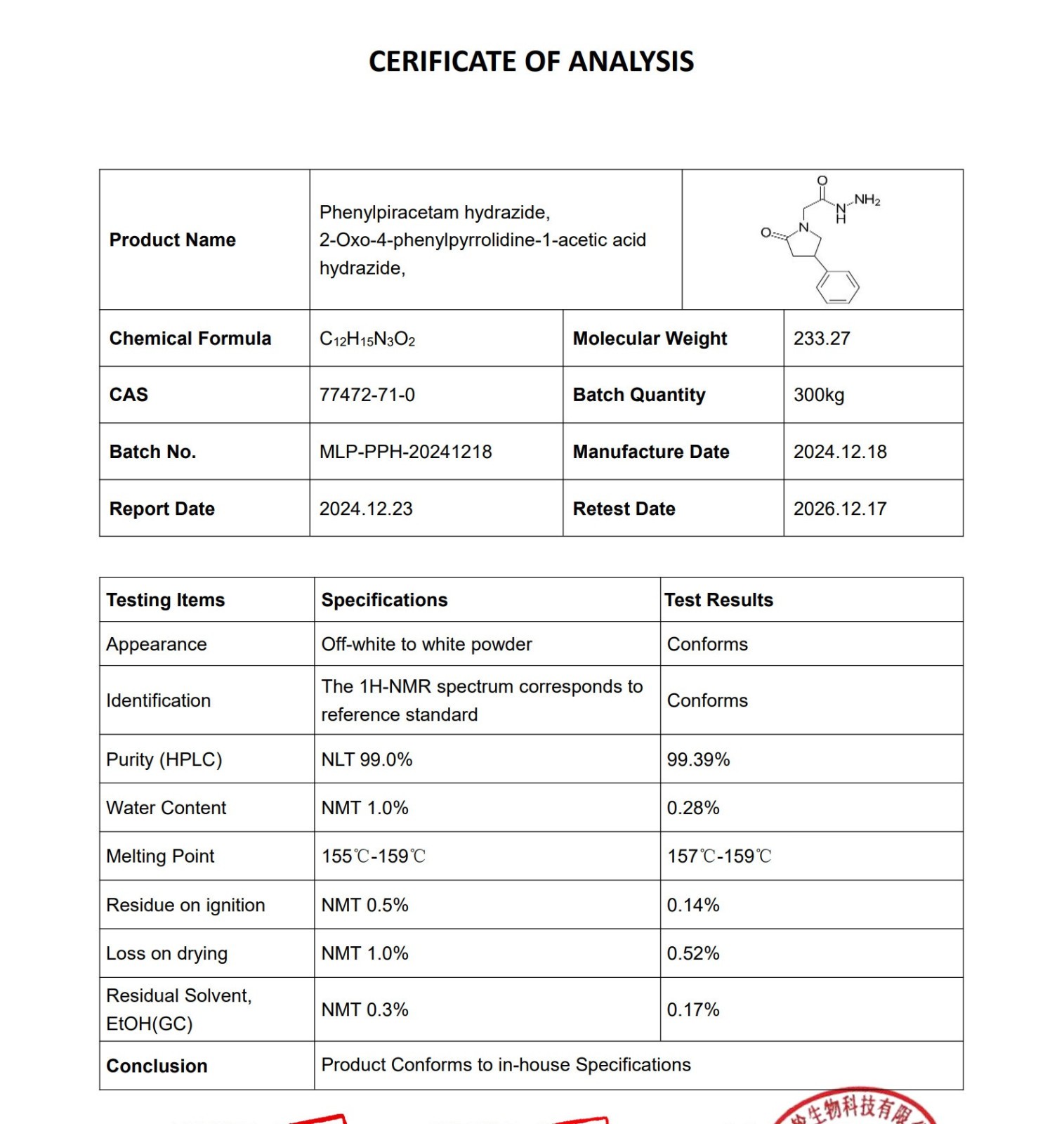 Phenylpiracetam Hydrazide Powder, Purity 99%+, USP Grade, CAS 77472-71-0