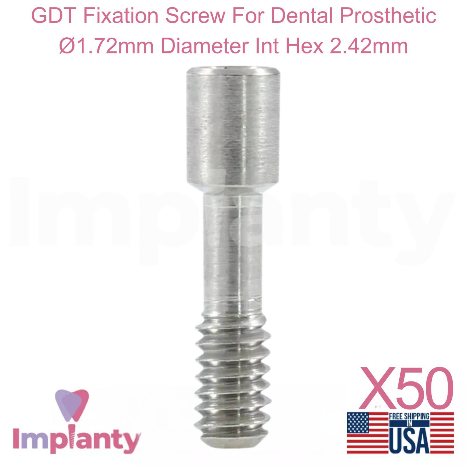 50x GDT Fixation Screw For Dental Prosthetic Ø1.72mm Diameter Int Hex 2.42mm