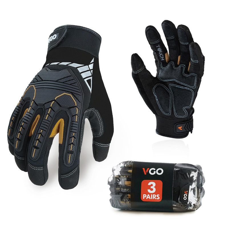 Vgo… 3-Pairs Heavy Duty Synthetic Leather Work Gloves Impact Protection