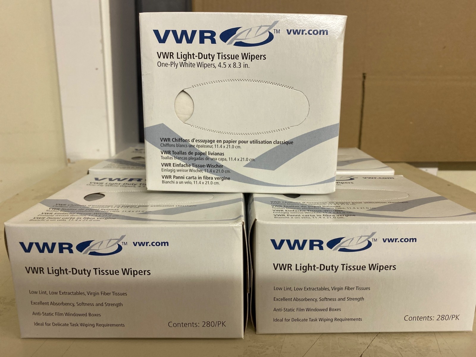 4 Boxes – VWR Light-Duty Tissue Wipers 4.5″ x 8.3″, 1-Ply, 280/Box – 82003-820