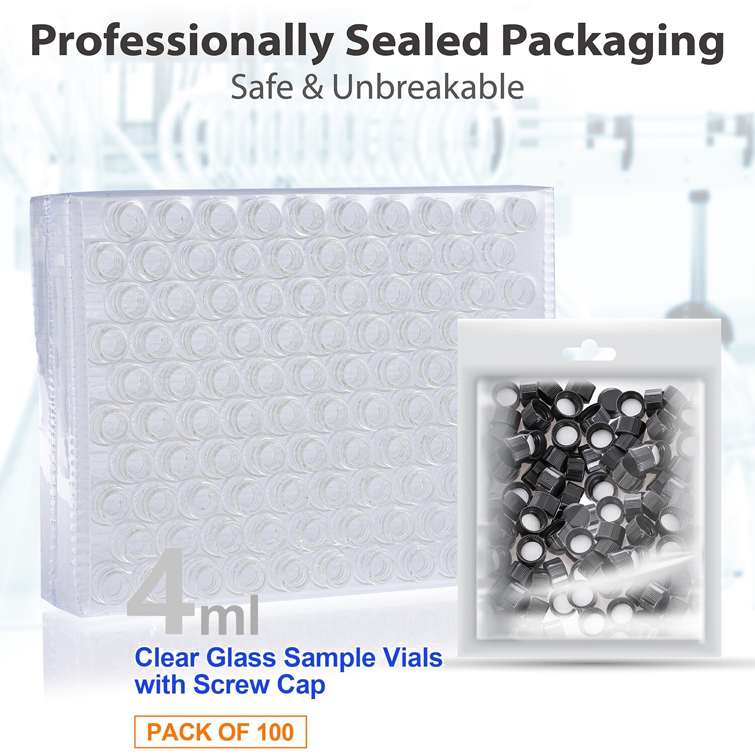 4ml 100X Clear Glass Vials w/ Screw Caps and Plastic Stoppers 1 Dram Sample Vial