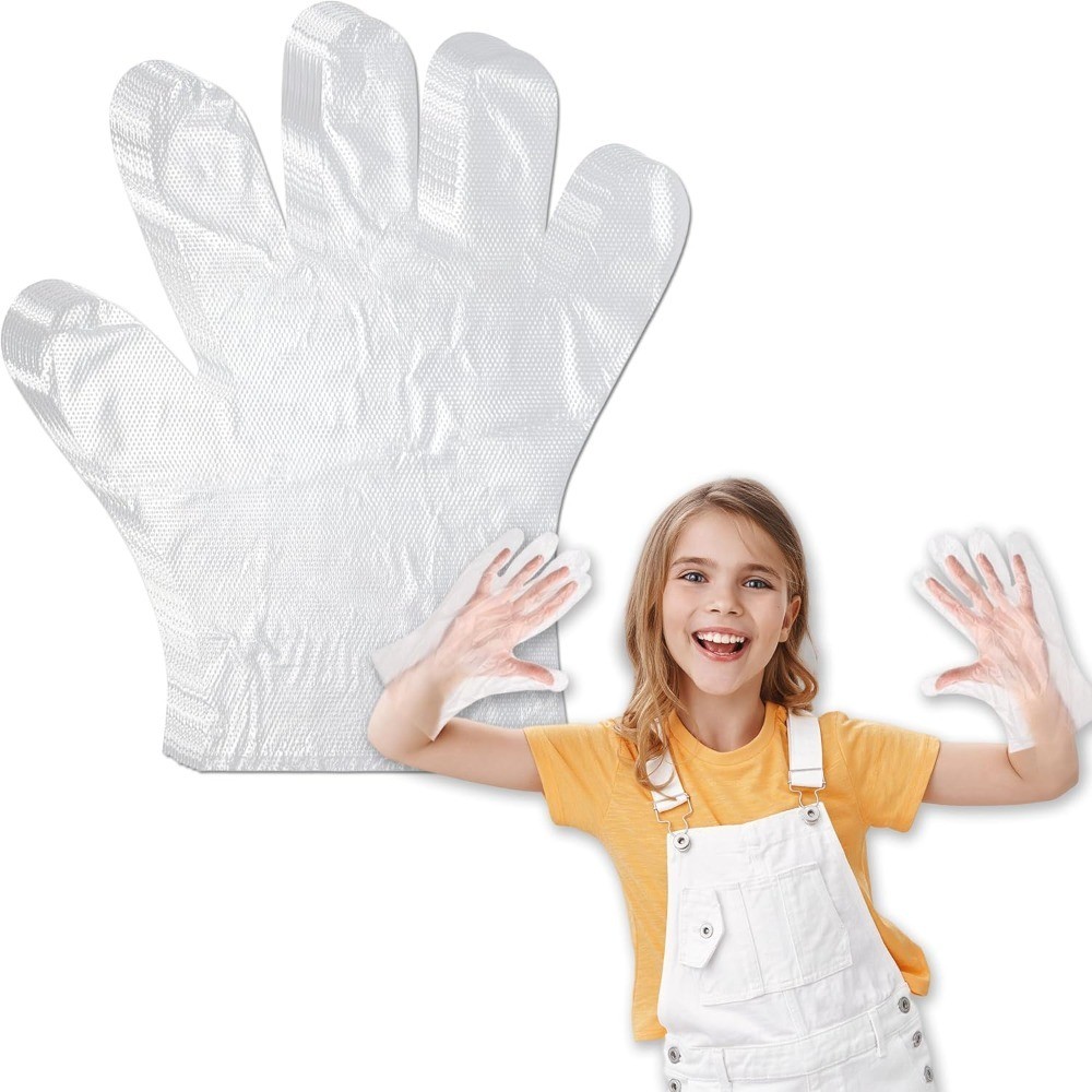 Disposable Kids Gloves Small Size 100 Pcs Clear Plastic PE Durable for Cleaning