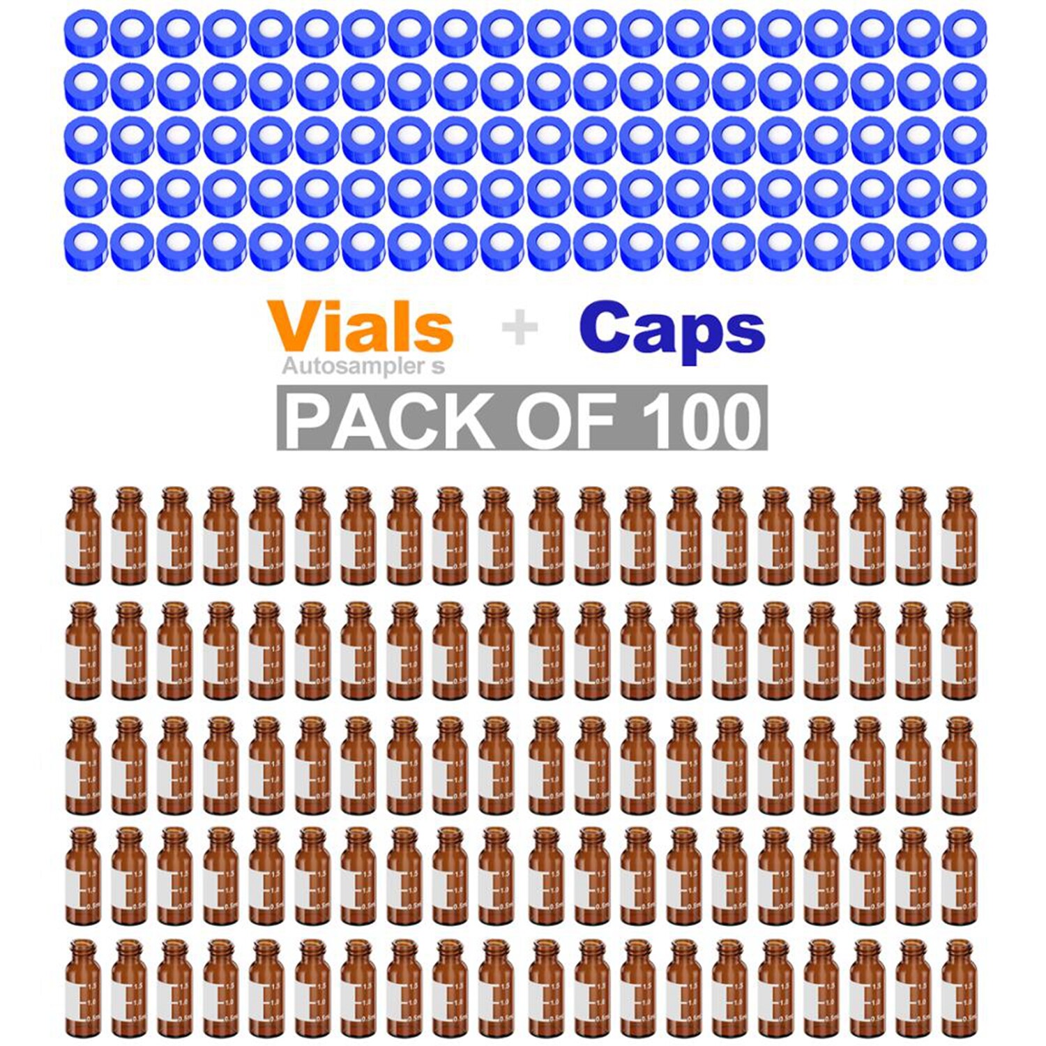 100 X 2ml Amber Glass Lab Vials with Caps 9-425 Thread Top, Fit HPLC Autosampler