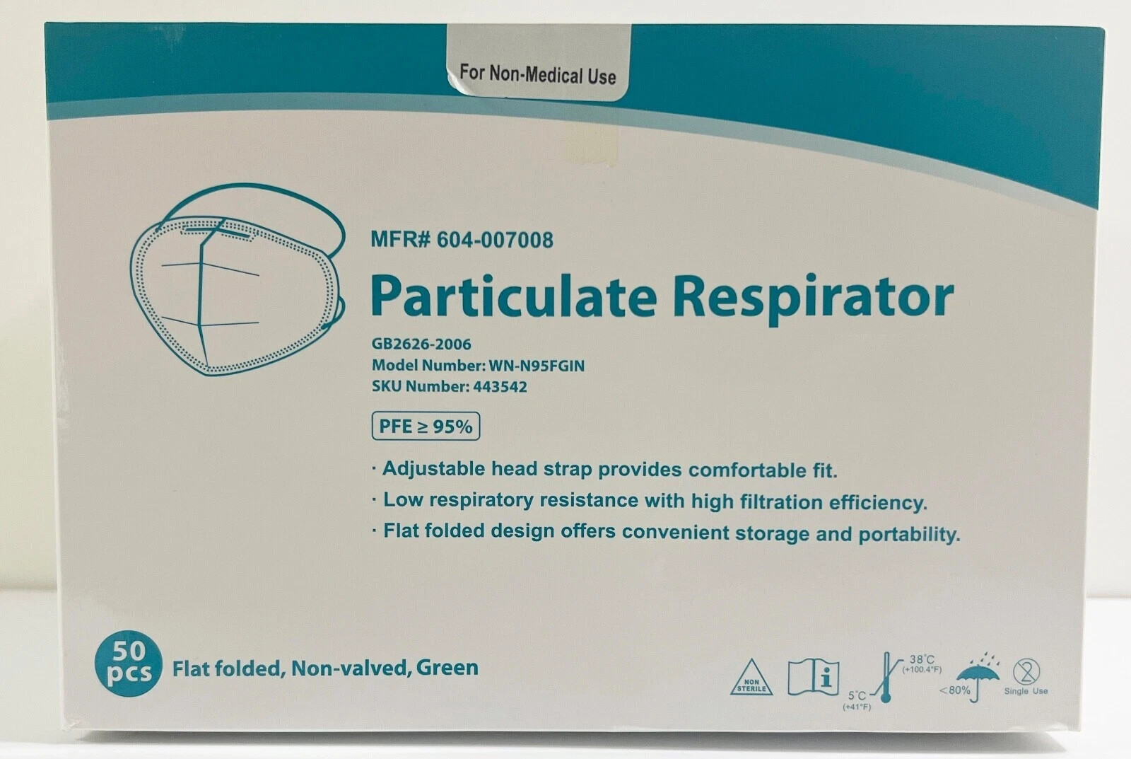 N95 Respirator Mask Winner Model WN-N95FGIN 50 Pack For Non Medical Use Mask NEW