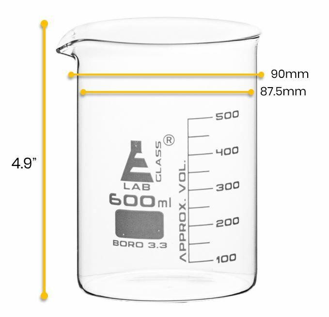 Eisco Labs 600ml Beaker, Borosilicate Glass, 50mL graduation Low form – 6 Pack