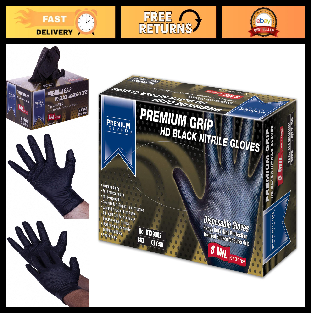 Heavy Duty Nitrile Gloves 8 Mil Disposable, Powder Free, Black, 50 Count – Mediu