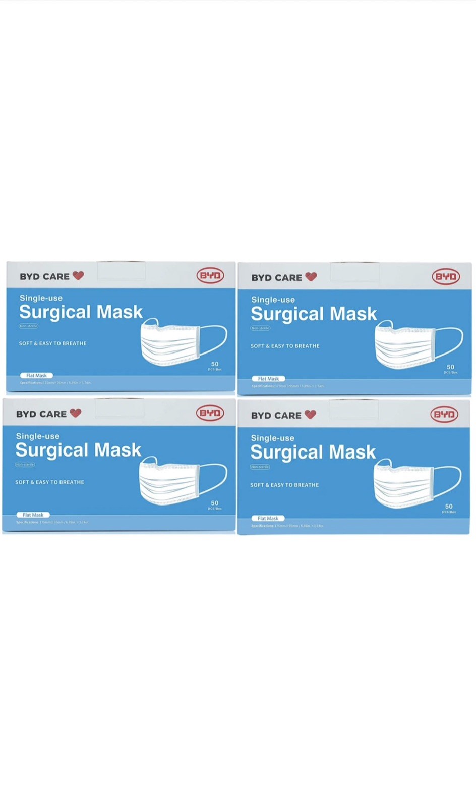 4x Boxes 200 pcs BYD CARE Surgical Face Flat Mask Disposable Single Use 50 pcs