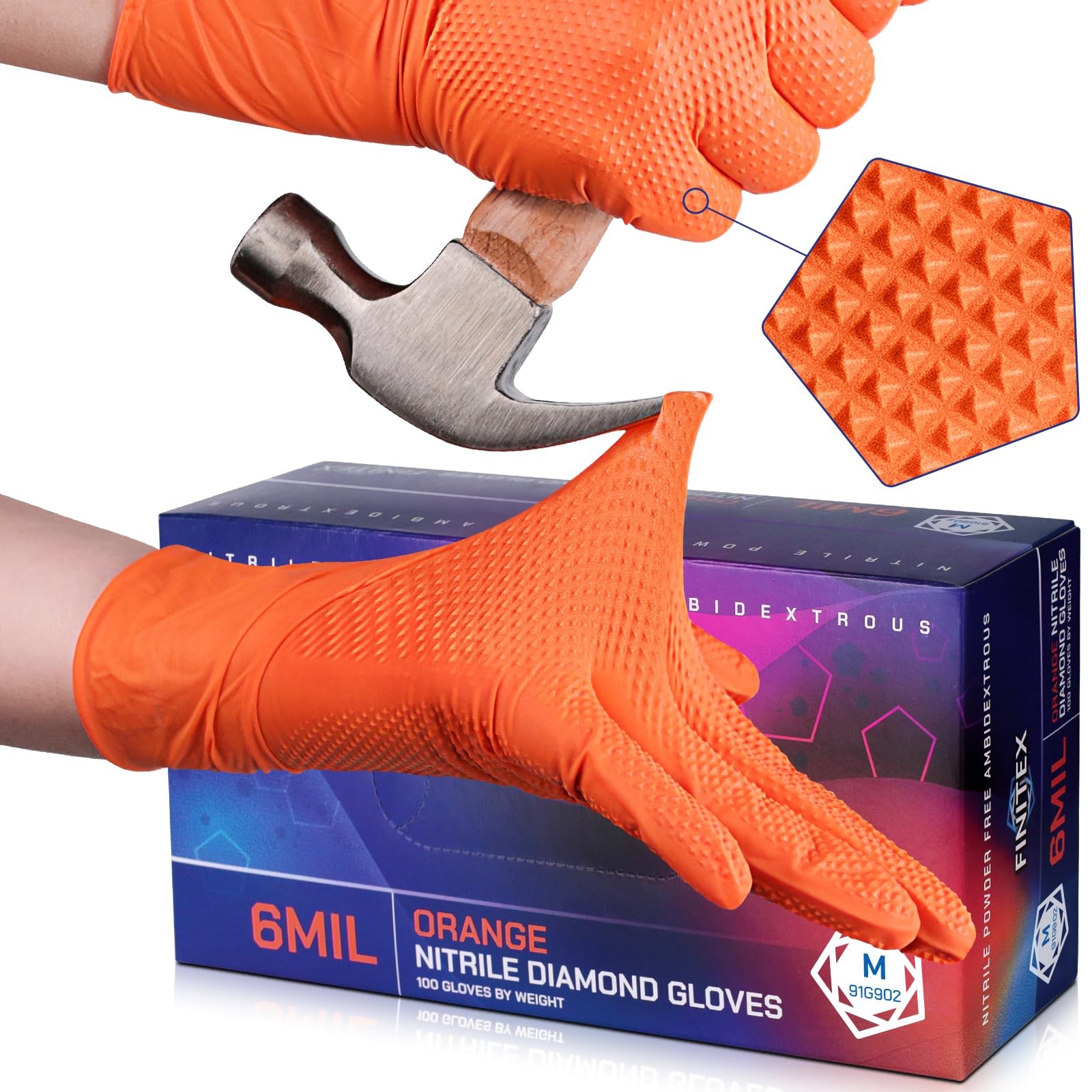 Industrial Diamond Texture Nitrile Orange Glove – 1000PCS Resistant 6.3mil Me…